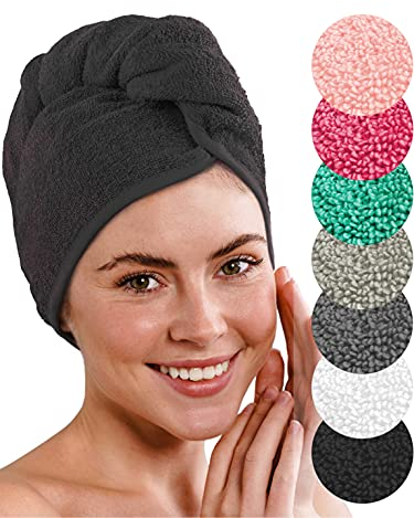 LAYNENBURG 2er-Set Premium Haarturban mit Knopf aus 100% Baumwolle - Haar-Handtuch inkl. 8 Haargummis - für Kurze und Lange Haare – Turban Handtuch ist schnelltrocknend und saugstark (schwarz)