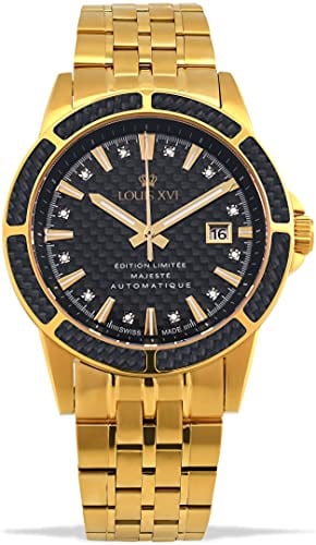 LOUIS XVI Majesté 1112 Montre analogique automatique pour homme avec bracelet en acier inoxydable doré et noir en carbone véritable diamants, Bracelet