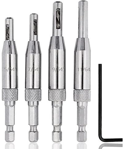 Mesee 4 Pieces Hinge Drill Bit Set, HSS Door Self Centering Drill Bits Hex Shank Window Cabinet Hinge Hardware Hole Opening Drill Bit Woodworking Pilot Hole Drilling Tool, 5/64'' 7/64'' 9/64'' 11/64''