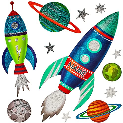 alles-meine.de GmbH Wandsticker Motivwahl Erwachsene & Kinder - 12 TLG. Set - 3D Effekt - Glitzer - Rakete - Planeten & Weltall - inkl. Name - selbstklebend + wiederverwendba..