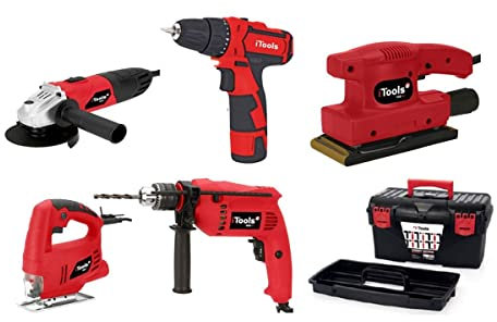 iTools Pack 5 outils Meuleuse 500W Perceuse 500W Visseuse 12V Scie sauteuse 350W Ponceuse 135W + Boite à outils 18'