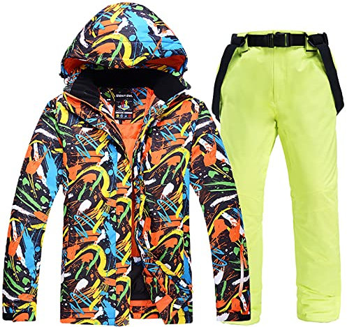 7HAHA3 Herren Skianzug Bandmuster Mantel mit Jeans Snowboard Jacken und Hosen Outdoor wasserdichte Kleidung Schneeanzug,Green,XL(185cm80kg)