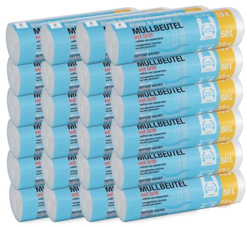360 Stück Müllbeutel Premiumline: 50 Liter, 24er Pack, Größe: 60 x 70 cm - Besonders reißfest und wasserdicht - Mit Trage-Griff/Henkel