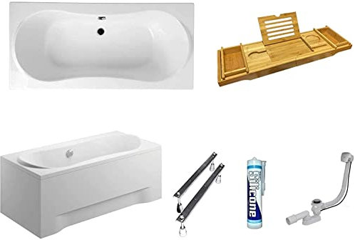 ECOLAM Baignoire rectangle Long Polimat 170x80 cm | planche en Bambou | tablier en acrylique | pieds siphon + silicone | baignoire en acrylique blanc