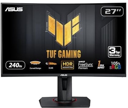 ASUS 27” 1080P TUF Gaming Curved HDR Monitor (VG27VQM) - Full HD, 240Hz, 1ms, Extreme Low Motion Blur, Adaptive-Sync, Freesync™ Premium, Speakers, Eye Care, HDMI, DisplayPort, USB, Height Adjustable