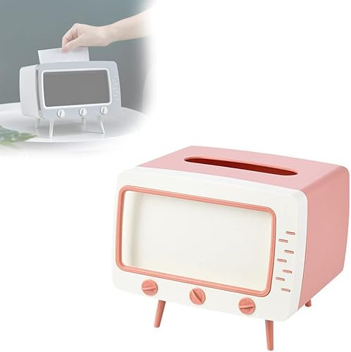 2 in 1 Retro Tv Phone Holder-Tissue Box, Mobile Phone Viewing Bracket & TV Tissue Box,Creative Versatile Tissue Box Holder with Cell Phone Stand Unique Fun TV Design,Retro Phone Stand (Color : Pink)