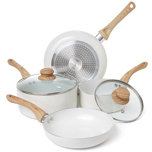 Moss & Stone 6-teiliges weißes Antihaft-Kochgeschirr-Set, Töpfe und Pfannen, antihaftbeschichtet, mit Glasdeckel, Induktions-Kochgeschirr, kühlbleibende Griffe, PTFE/PFOA, Küchen-Kochgeschirr, 6