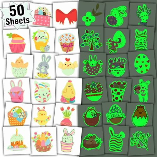 Leesgel 50 x Leuchtende Tattoo Kinder Ostern Dekorationen für Ostern Korb Ei Küken Blume und mehr, Ostern Aufkleber Ostern Geschenke Treat Taschen Füller Handwerk Eier Jagd Spiele Preise Party Zubehör