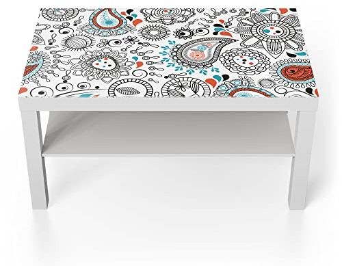 DEQORI Glastisch | weiß groß 90x50 cm | Motiv Modernes Paisleymuster | ausgefallener Beistelltisch aus Glas | Hochglanz Couchtisch fürs Wohnzimmer | moderner Couch Tisch mit Design