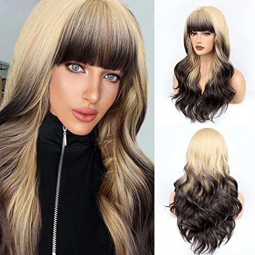 FAELBATY Perücke mit langen Locken blond Perücke mit Pony Ombre blond bis braun Perücke mit langen Locken Perücke für Frauen Natürliche Locken Perücke für Mädchen Party Cosplay Perücke (21 RW4/86#)