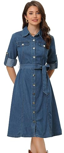 Allegra K Skjortklänning denim dam med knappar på långa ärmar jeansklänning med klassiskt bälte jeans