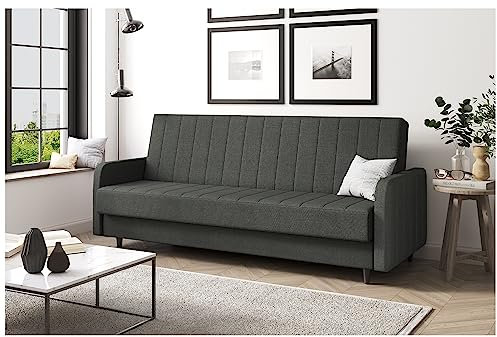 MEBLINI Sofa mit Schlaffunktion - Schlafcouch Ausziehbar - Schlafsofa mit Bettkasten - Sofabett - Couch mit Schlaffunktion - Klappsofa - Andres 3-220x87x93cm - Dunkelgrau Webstoff