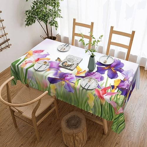 TOMPPY Rechteckige Tischdecke, Iris, Blume, Schmetterling, bedruckt, waschbar, Polyester, wasserdicht, auslaufsicher, knitterfrei, Tischdecke für Esstisch, Buffet, Partys, Camping, 137 x 183 cm