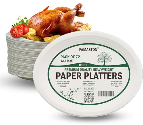 FAMASTON 72 pack Oval Paper Plates 12 inch 100% Compostable Heavy-Duty disposable extra large platters thanksgiving dinner party bulk 12 biodegradable platos - White