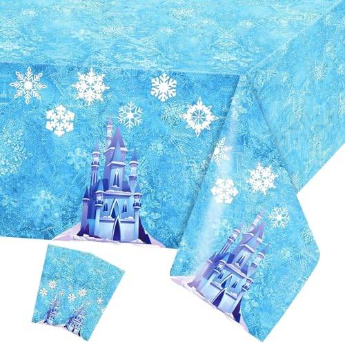POPOYU 2P Snowflake Frozen Party Table Cloth,137x274cm Blue Frozen Princess Party Decorations,Frozen Castle Tablecloth Plastic Rectangle Table Covers for Girls Birthday Christmas Winter Party Supplies