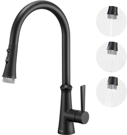 Aktines Robinet de cuisine avec 3 fonctions douchette et brosse extensible, robinet d'évier robinet d'évier haute pression robinet d'eau cuisine inox noir