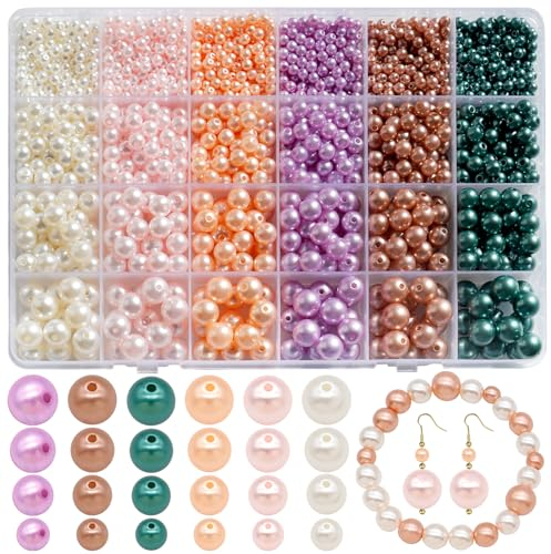 Dotilili 1890 Stück Bunte Perlen zum Auffädeln, 4/6/8/10mm Glasperlen Runde Perlen Set mit Löch für Armbänder Glatte lose Perlen für DIY Schmuckherstellung Basteln Perlenkette Armband Handwerk Dekor