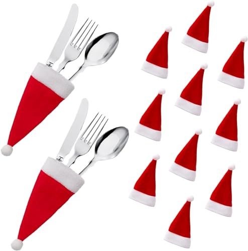 SKYTE® 6 Mini Santa Hats for Crafts, Christmas Cutlery Holders Tableware Silverware Holders Mini Santa Hat Glass Toppe Small Santa Hat Wine Bottle Decor for Christmas Party Decoration