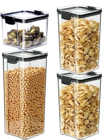 NAVACALA Storage Containers Set of 4, Plastic Airtight Food Storage Containers with Lids, Cereal Dispenser Kitchen Organiser(1300ml *2+1800ml*1+700ml*1)