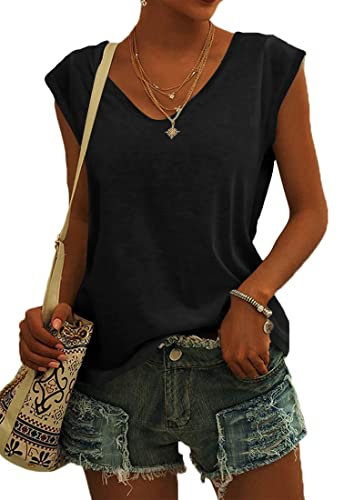 NARRAME Camiseta de Mujer con Mangas Casquillo y Cuello en V, Blusa de Verano para Mujer, Blusa Informal Ligera Liso Negro Small S 34-36