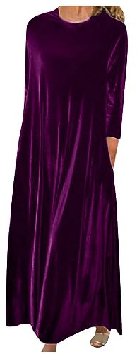 Women's Vintage Velvet Maxi Dress - Long Sleeves, Casual Loose Fit, Elegant Bridesmaid Dress - Solid Color, Plus Size, Purple