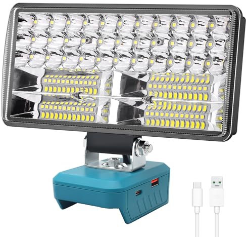 Luz Compatible con Makita 18V,Luz de Trabajo Led Sin Cuerda 38W 6000Lm Recargable Linterna con Protección de Baja Tensión Y USB,Liderar El Camino Focos Alimentados por Baterías
