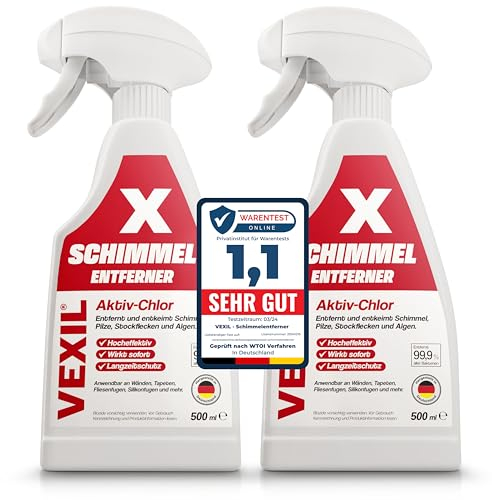 VEXIL Profi Schimmelentferner für Wand, Bad, Fliesen, Fugen & mehr – mit AKTIV-CHLOR und HAFTEFFEKT – Extra starkes Schimmelspray – auch als Fugenreiniger geeignet – 2x 500 ml – Made in Germany