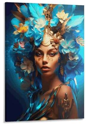PLMoney Bilder „Eine Frau mit blauen Blumen“, Gemälde auf Leinwand, für Wohnzimmer, Zuhause, Wanddekoration, auf Holz gespannt, fertig zum Aufhängen, 30 x 45 cm (12 x 18 Zoll)