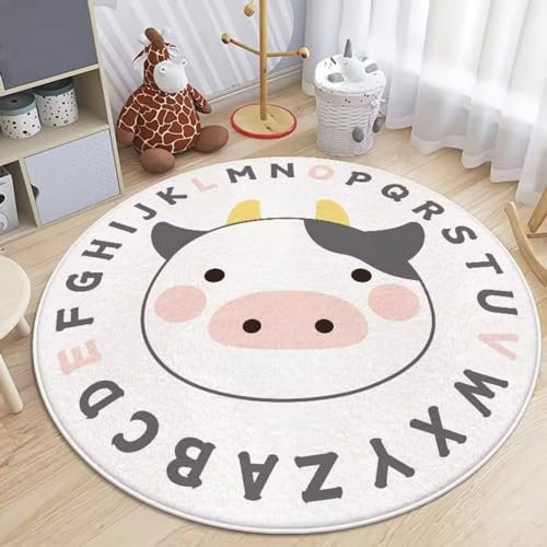 Viusneun Kinderteppich, Rund Waschbare Teppiche Flauschige rutschfest Kinderteppiche niedlicher Teppich für Babyzimmer Kleinkinderzimmer Wohnzimmer Schlafzimmer (Kuh,100 x 100 cm)