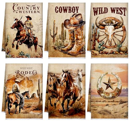 Sunnyray Lot de 6 torchons de cuisine style western rétro rodéo western cowboy rustiques Texas étoile du Texas Torchons à vaisselle pour cow-boy Cadeaux de cowboy Décoration de cuisine ou de salle de