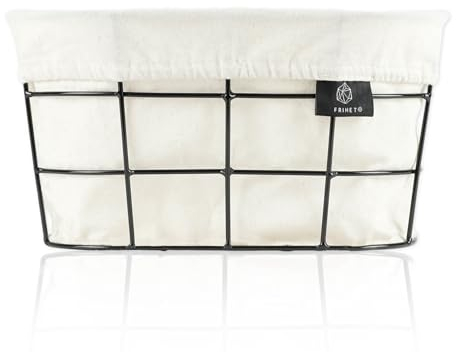 FRIHET 2-in-1 Brotkorb & Obstschale - Metall - waschbare Einlage aus 100% Baumwolle - oval - schwarz - Aufbewahrungskorb - 27 cm x 14 cm x 16 cm (LxHxB) (weiß, Rechteck)