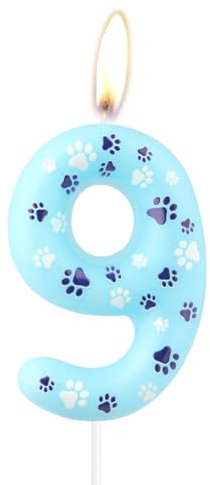 Geburtstagskerzen, blaue Hundepfoten-Zahlen, blaue Hundepfotenabdruck-Themen-Geburtstagskerzen, 9. Geburtstag, Kuchenaufsatz für Jungen, Mädchen, Geburtstagsdekoration, Hunde-Haustier-Partyzubehör