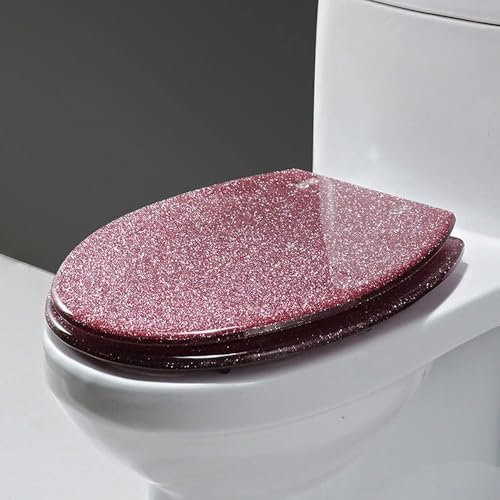 Glitter Toilet Seat Elongated Toilet Seats with Non-Slip Seat Bumpers Toilet Lid Soft Close Toilet Bowl Easy Clean, Silver/Black/Gold/Red Glitter