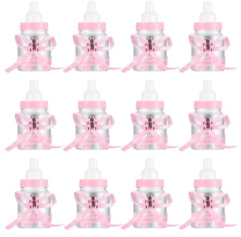 12 Stück Süßigkeiten Flaschen, Milchflasche Babyflaschen, Candy Flaschen, Taufe Babyshower Gastgeschenk, Geschenkbox Wiederverwendbar Dekoration für Babydusche Party Taufe - Rosa