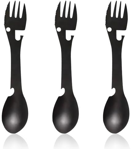 Travel Cutlery - Premium Titanium Spork Reusable- Portable Camping Cutlery Set,Bottle Can Opener Outdoor Spoon Fork Eating Multi-Tool Utensil (3PCS Black)