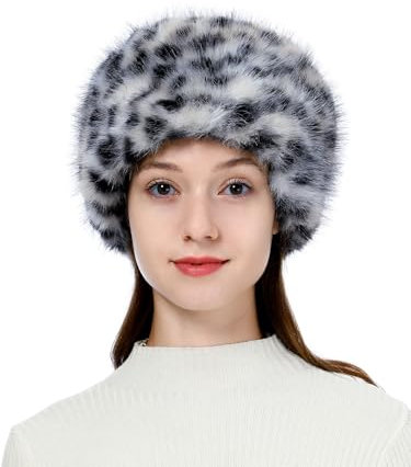 sy soul young Damen Fellmütze Pelzmütze Wintermütze Faux Fuchs Warm Weich Pelz mütze EINWEG Verpackung(Schwarz Leopard)