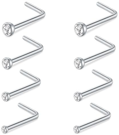AceFun Piercing de nez 8 pièces 20G piercing nez acier inoxydable anneaux Argent de vis nez boulon L en forme bijoux acier inoxydable piercing clair CZ Argent