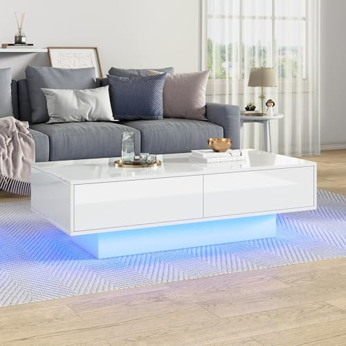ModernLuxe Coffee Tables for Living Room, High Gloss Side Table with 16 Colors LED Lights Controlled by Phone & Remote, Stylish Rectangular Living Room Tables with 2 Drawers, White