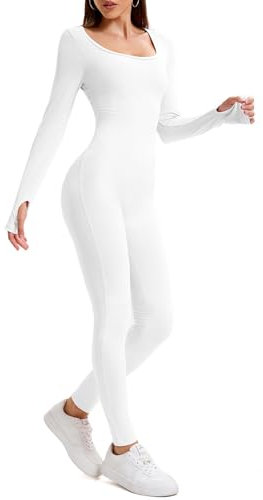 OOHOKAY Jumpsuit Damen Lang Eng Yoga Bodysuit Hohe Taille Overall Stretch Shape Langarm Sport Jumpsuit Leggings Hosen Set Scrunch Butt Sportkleidung Frauen Playsuits Einteiler(Weiß-C,L)