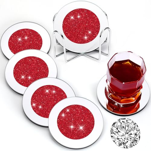 Jetec Lot de 6 sous-verres en verre avec 1 support, motif diamant écrasé, décoration de Noël, cadeau de pendaison de crémaillère, maison, cuisine, bar (rouge)