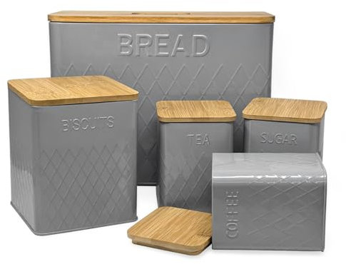Kitchen Canisters Tea Coffee Sugar Biscuits Bread | Grey Bread Bin with Bamboo Lids | Canisters Sets for The Kitchen Airtight | Tea Coffee Sugar Bread Bin Sets (5 Pieces)