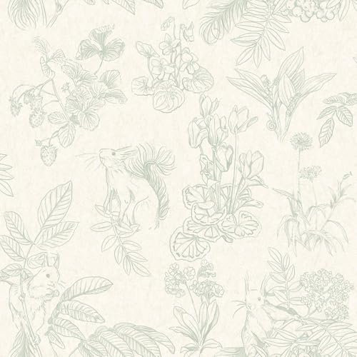 YöL Woodland Friends Wallpaper - Cream Green Plants Animals - Squirrel Forest - Washable Paste The Wall Vinyl
