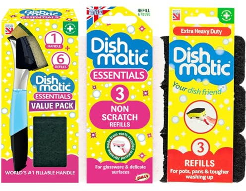 Washing Up Sponges Bundle with Fillable Handle with 6 Refills, 3 Non Scratch Refills and 3 Extra Heavy Duty Refill Sponges