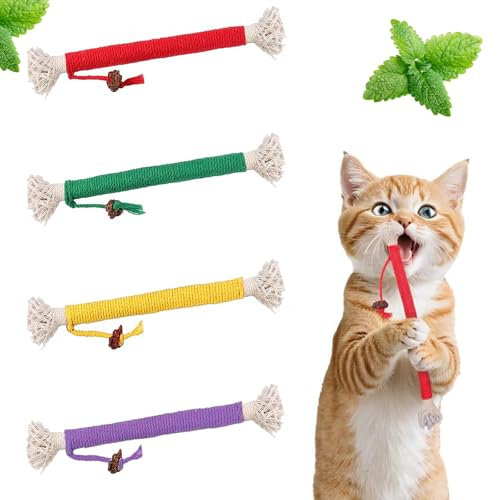 4 Pcs Cat Teeth Cleaning Kitten Teething cat nip Chewing Toy Rope,Filled Natural Catnip Stress Release Cotton Rope Toy,Catnip Toy Bite Rope for Teeth Cleaning,Indoor Cats,Cats Kitty(4 Color)