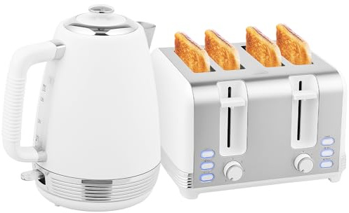 HOMCOM - Juego de hervidor y tostadora (acero inoxidable, 2200 W, 1,7 L, tostadora 4 rebanadas, 7 niveles de bruñido, calentamiento rápido, termostato Strix, filtro antical y bandeja para migajas