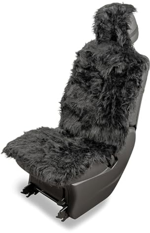 LST Lammfell Sitzbezug Vordersitz mit Kopfstütze Schwarz 1,2-1,4cm Wollhöhe I Sitzschoner Lammfellimitat I Winter und Sommer I Hautfreundlich Atmungsaktiv Antibakteriell