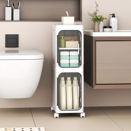 YVVVVY 20cm Bathroom Storage Cabinet, Waterproof Small Tolilet Unit | with Wheels and Removable Shelves, Freestanding Narrow Storage Floor Shelf for Small Space, Kitchen,Living Room