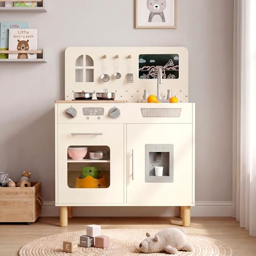 MAMIZO Wooden Play Kitchen for Kids, Interactive Toddler Toy Kitchen | Realistic Light & Sound, 5 Pcs Cookware, Oven, Water Dispenser, Storage Cabinets & Chalkboard for Ages 3+ (Cream)