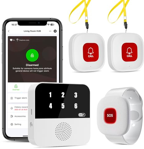 PILSAMAS Senioren Notruf Hausnotruf System, 1 Notrufarmband, 2 Notrufknopf | WiFi Smart Pager Rufsystem, Kostenlose App-Benachrichtigungen, Angezeigte Knopf-Nummer bei Alarm, IP65 Wasserdicht
