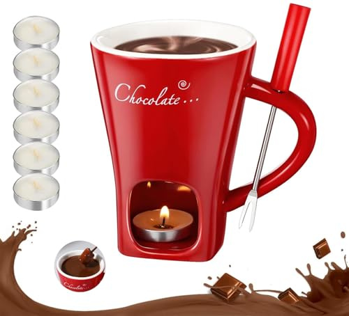 magimagi Schokofondue Tasse, Fondue Tasse Set, mit Gabel und 6 Teelicht, Keramik Schokoladenfondue Set, Geschenkset zum Valentinstag, Geburtstag, Hochzeit